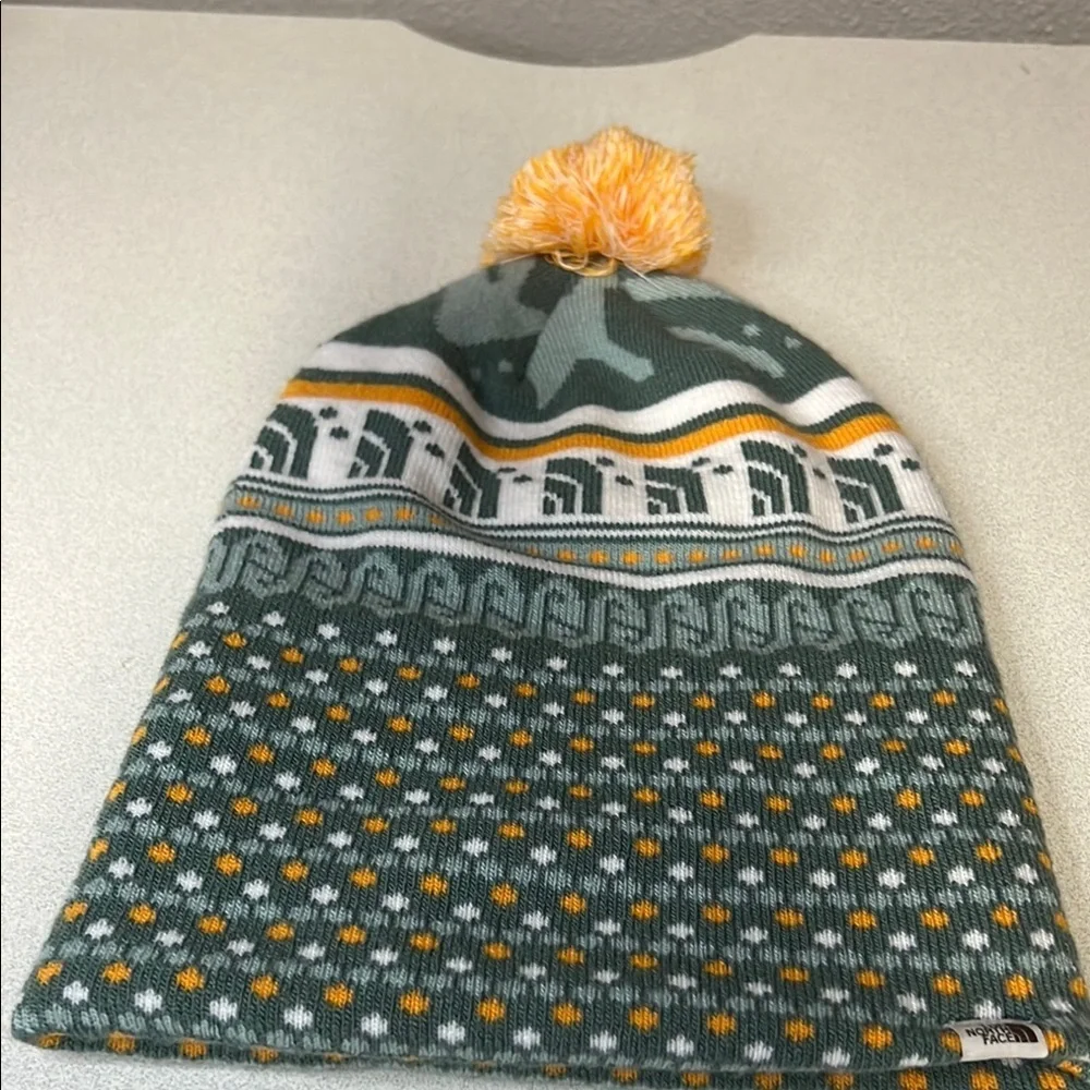 The North Face Green and Orange Knit Hat with Pom-Pom
